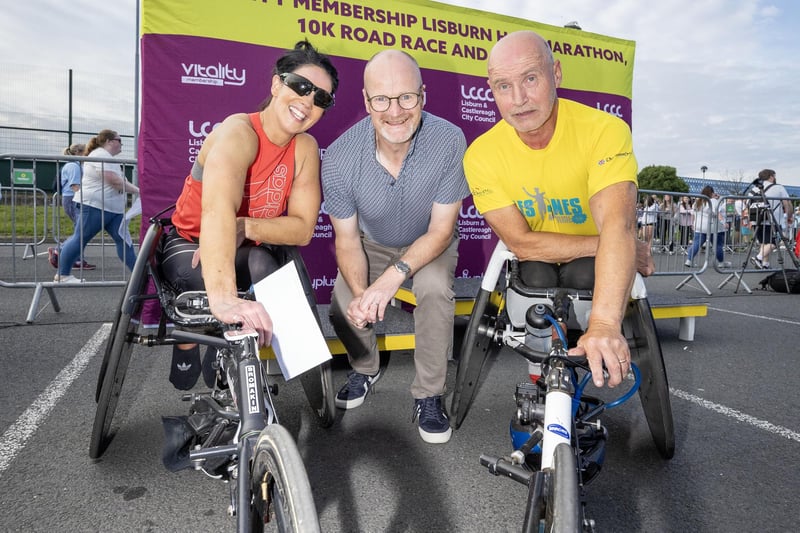 Half Marathon Wheelchair event winners Jayne Bleakley and Jim Corbett with Councillor Tim Mitchell.