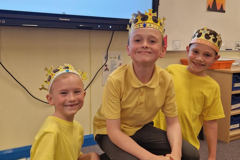 Austin, Jude and Harry showcase their crowns at Mossley PS.