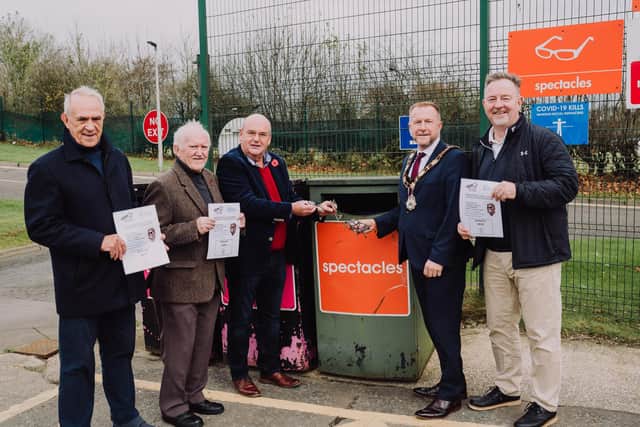 Ald Stephen Ross at Bruslee Household Recycling Centre with John Johnstone and Dennis Orr of Carrickfergus Lions Club and Ken Watt and Frank Flynn of Antrim Lions Club.