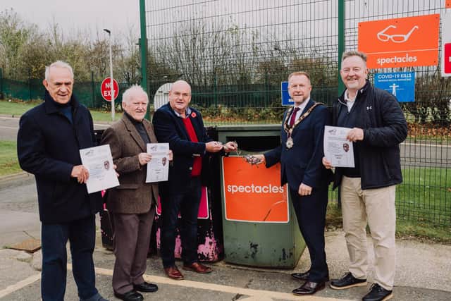 Ald Stephen Ross at Bruslee Household Recycling Centre with John Johnstone and Dennis Orr of Carrickfergus Lions Club and Ken Watt and Frank Flynn of Antrim Lions Club.
