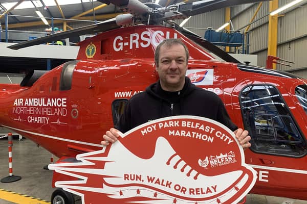 Lurgan man David Harvey is running three marathons and a mini ultra marathon this year to raise funds for Lisburn-based charity Air Ambulance NI. Pic credit: Air Ambulance NI