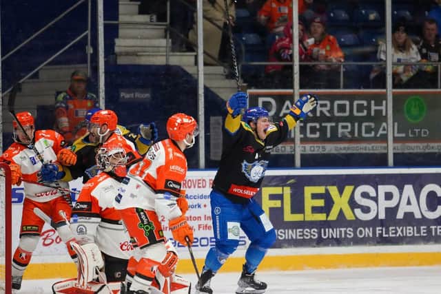Action from the first leg of the Fife Flyers v Sheffield Steelers semi-final. Picture. Flyers Images