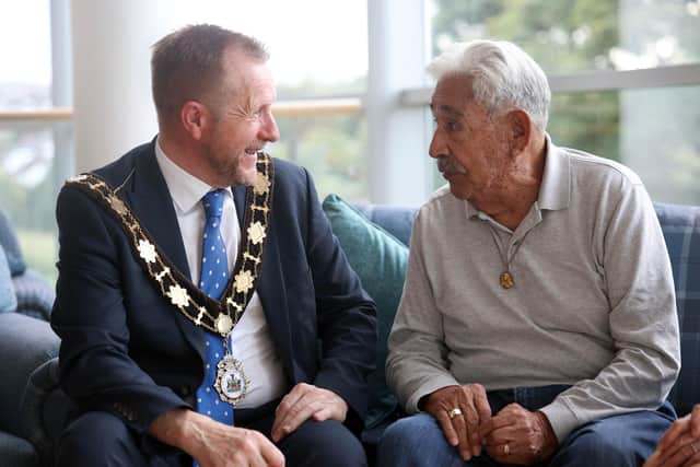 Mayor of Antrim and Newtownabbey Alderman Stephen Ross chats to 89-year-old Robert Kirker, who travelled to Northern Ireland from New Mexico to trace his family history. Stephen Davison, Pacemaker