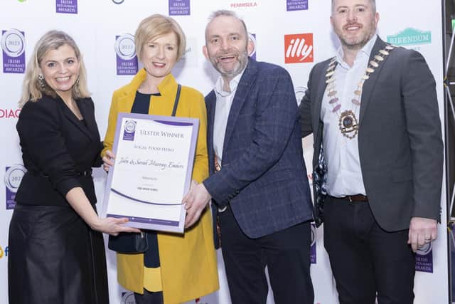 Winners of the Local Food Hero Award, Sarah and John Murray (centre) from Embers, Armagh are pictured with the President of the Restaurants Association of Ireland, Paul Lenehan and a representative from The Irish Times. Picture: Paul Sherwood.