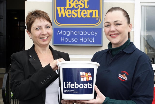SPLASH THE CASH...Yvonne McClean of the Best Western Magherabuoy House Hotel pictured with Donna Makhsous of the RNLI who raised money from people using the hotel car park during practice sessions of the NW200 in 2010. The hotel had free parking for those who made a donation.
