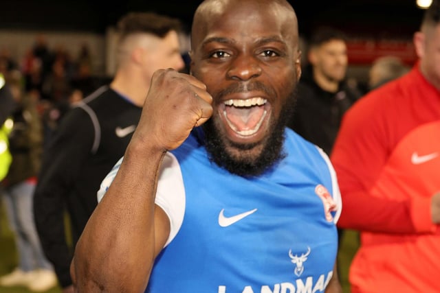 Larne's Fuad Sule celebrates his team winning the league title. Photo by David Maginnis/Pacemaker Press