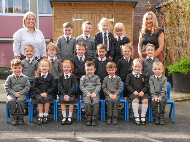 The King's Park Primary School P1 class with Mrs McClements,  Mrs McKee (absent) with classroom assistant.