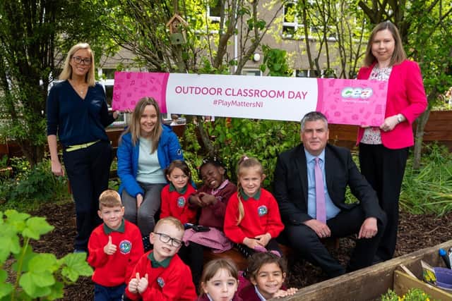 Corinne Latham, Whitehouse Primary teacher, Claire Hasson, Gerry Campbell and St James’s Primary Principal, Paula Cunningham celebrated Outdoor Classroom Day with the P1 pupils of both schools at St James’s.