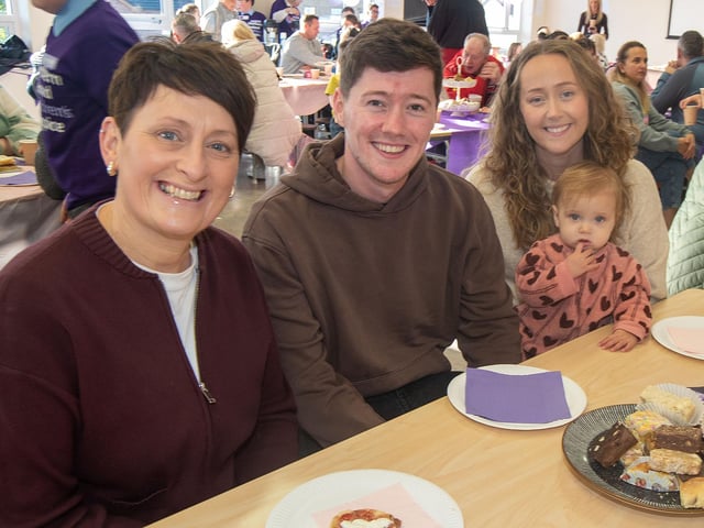 Enjoying the Richmount Primary School charity coffee morning are from left, Gail Higginson, Jackson Holmes, Hazel Johnston (10 months) and mum Amy.