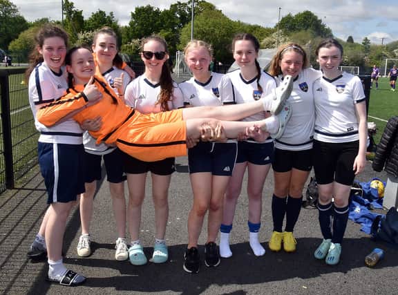 Some of the girls from Markethill High School who took part in the Electric Ireland football tournament on friday. PT21-221.