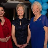 Enjoying the Portadown College 100th anniversary dinner from left, Emma Little Pengelly, Deputy First Minister; Gillian Gillian Gibb, school principal and Lady Mary Peters, former pupil and Olympic gold medalist. PT11-215.
