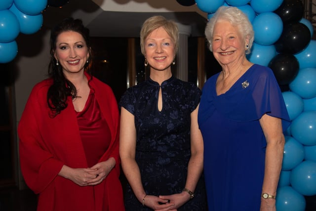 Enjoying the Portadown College 100th anniversary dinner from left, Emma Little Pengelly, Deputy First Minister; Gillian Gillian Gibb, school principal and Lady Mary Peters, former pupil and Olympic gold medalist. PT11-215.