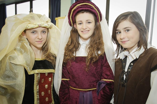 Rachel Hanna, Amy Jennings and Bethan Harding dressed in Tudor costumes in the English department at Wallace High School open day in 2011