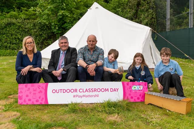 Corinne Latham, Gerry Campbell, Hazelwood’s Principal, Jim McDaid and pupils Logan McElhinney, Amy Johnston and Leon Kelly.