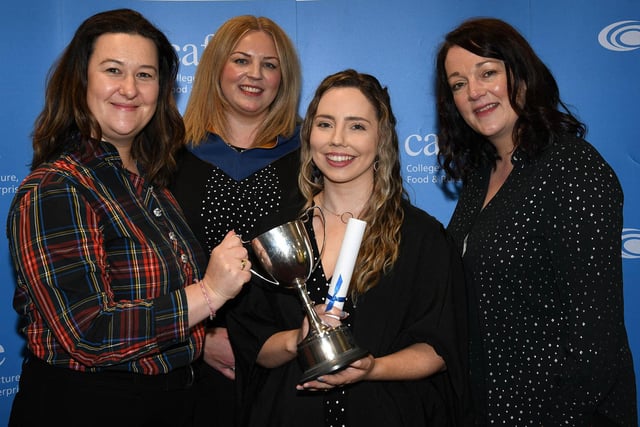 Orla Brady (Fivemiletown) was presented with the Norbrook Cup, awarded for the first overall achievement on the Level 3 Veterinary Nursing course by Clare Sheil, Territory Manager, Norbrook; Julie Marner Bilchak, Commercial Technical Manager Companion Animal, Norbrook, and Bethan Pinhey, Senior Lecturer, CAFRE.