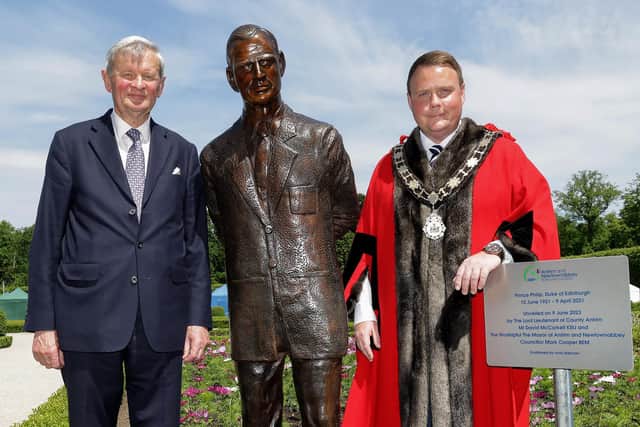 The Lord Lieutenant for Co Antrim, Mr David McCorkell KStJ and the Mayor of Antrim and Newtownabbey, Councillor Mark Cooper BEM, unveiled the tribute to Prince Philip