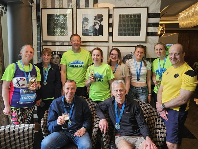 "Huge shout out to the twp relay teams including me, Joyce Agnew, Charlotte Agnew, Dorothy Orr, Christine Johnston, Ray Cameron, Pauline Livingston and Nat and Lorraine Mark Mckane and two marathon runners Yann Le Coz and Adrian Johnston helping me fundraise for Cancer Research UK and Hospice UK as a finale run after I completed London Marathon two weeks ago commemorating 40 years since my mummy Heather Clarke died from cancer in Belfast City Hospital on 4th May 1984. £5,588 raised to date. What a day!"