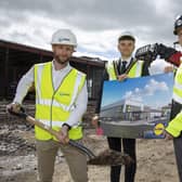 At the site of the new Coleraine store are, from left: Eddie Murnin, Associate Director, GEDA Construction; Councillor Ciarán McQuillan, Lord Mayor of Causeway Coast & Glens and Ivan Ryan, Regional Managing Director, Lidl Northern Ireland. Picture: Phil Smyth