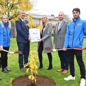 Former Environment Minster Edwin Poots presents the Deputy Mayor, Councillor Leah Smyth and Matt McDowell, director of Parks and Leisure, Antrim and Newtownabbey Borough Council, with a Hiroshima Survivor Tree sapling.