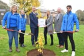 Former Environment Minster Edwin Poots presents the Deputy Mayor, Councillor Leah Smyth and Matt McDowell, director of Parks and Leisure, Antrim and Newtownabbey Borough Council, with a Hiroshima Survivor Tree sapling.