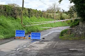 The scene at Drones Hill Road where a car was found burnt out after the shooting incident on Friday, April 12. Picture: Stephen Hamilton / Press Eye.