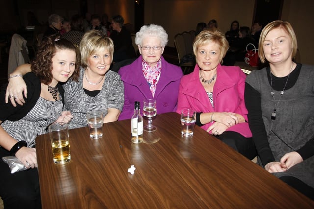 Ciara Brennan, Patricia Brennan, Mary Ann McGill, Helen Doherty, and Michelle McLeister enjoying the Coleraine Provincial Players concert and fundraising evening at the Lodge Hotel in aid of Coleraine Blind Centre in 2009