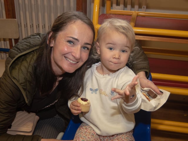 Enjoying the coffee morning are Erika Oroaz and daughter Ellie (2).
