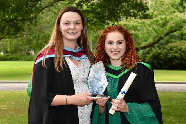 Hannah Orchard from Kircubbin graduated with a BSc (Hons) Degree in Food Technology and received the Dale Farm Prize for achieving the highest marks in the Advanced Food Technology module. Congratulating Hannah is Emeryn Erwin-Verhoeven (Lecturer, CAFRE).