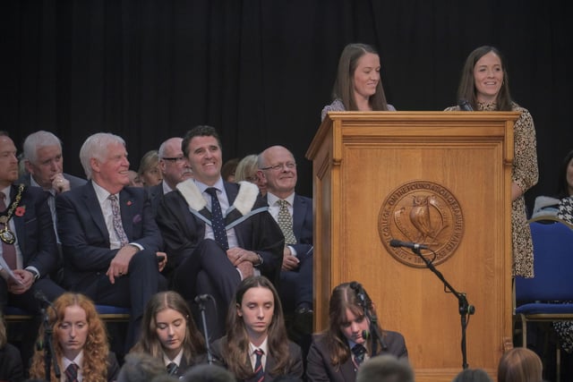 Sharing the podium at Lurgan College Speech Day.