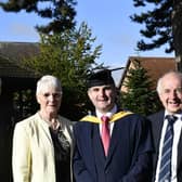 Andrew is pictured here with Basil Bayne (left) Student Support Co-ordinator Harper Adams in Ireland and a Fellow of Harper Adams University and with parents Rosemary and David Torrens