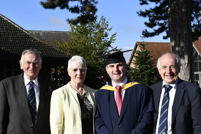 Andrew is pictured here with Basil Bayne (left) Student Support Co-ordinator Harper Adams in Ireland and a Fellow of Harper Adams University and with parents Rosemary and David Torrens