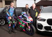 Hilton Car Sales, Ballymena, is returning as a sponsor of the Armoy Road Races for the fifth year. Pictured are, from left, Neil Kernohan, motorcycle road racer, Andy Hilton, owner of Hilton Car Sales and William Munnis, Armoy Motorcycle Road Racing Club Chairman and Clerk of Course. Picture: Pacemaker