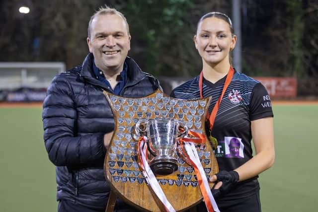 Rebekah Lennon receives the Belfast Telegraph Senior Schools’ Cup. Picture: Front Row Union