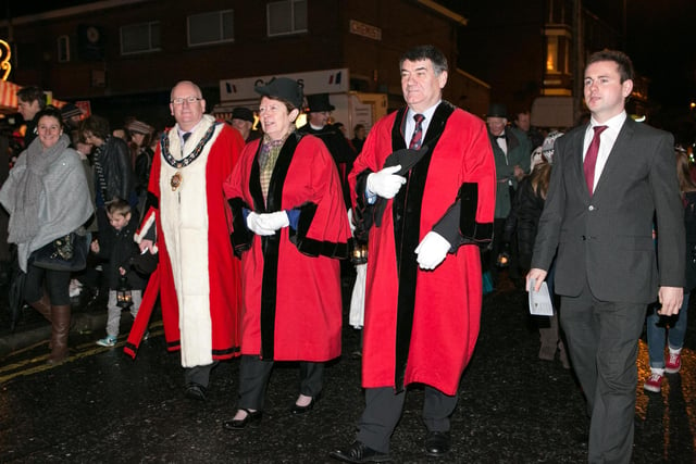 Leading the lantern parade through the streets of Whitehead during the 2013 fair were Mayor Billy Ashe along with councillors Isobel Day, Noel Williams and Andrew Wilson.