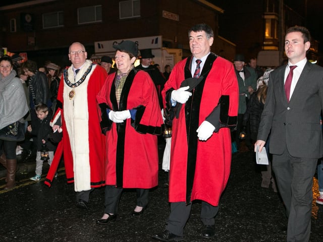Leading the lantern parade through the streets of Whitehead during the 2013 fair were Mayor Billy Ashe along with councillors Isobel Day, Noel Williams and Andrew Wilson.