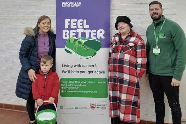 Conor Fox, Macmillan Move More Coordinator in Mid Ulster District Council is pictured in Cookstown Leisure Centre with Shauneen McKernan, a participant in the Mid Ulster Move More group who recently fundraised £3,600 for Macmillan in Northern Ireland. Also pictured are Blaithin McFlynn and Conlaoch McKernan.