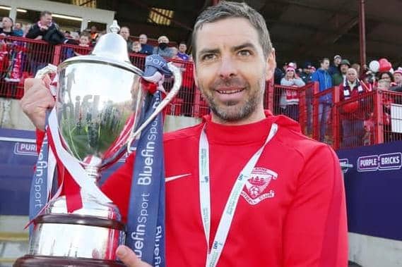 Tiernan Lynch celebrating success with Larne. Photo: PressEye