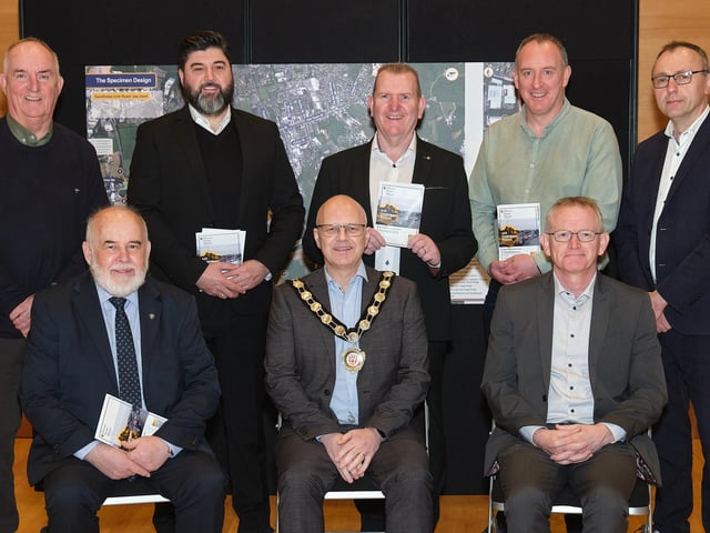 Pictured are, front row, from left: Francie Molloy MP; Chair of Mid Ulster District Council, Cllr. Dominic Molloy; Mid Ulster District Council Chief Executive, Adrian McCreesh; Back row from left: Cllr. Trevor Wilson; Cllr. Gavin Bell; Cllr. John McNamee; Cllr. Cathal Mallaghan; and Keith Buchanan MLA (Mid Ulster).