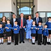 Education Minister Paul Givan pictured with Principal Heather Watson, Chair of the Board of Governors Elizabeth Simpson, Sean Pettis Chief Executive NICIE, Paul Caskey Chief Executive IEF and pupils at the official opening of a new state of the art school at Phoenix Integrated Primary School, Cookstown.  Photo: supplied
