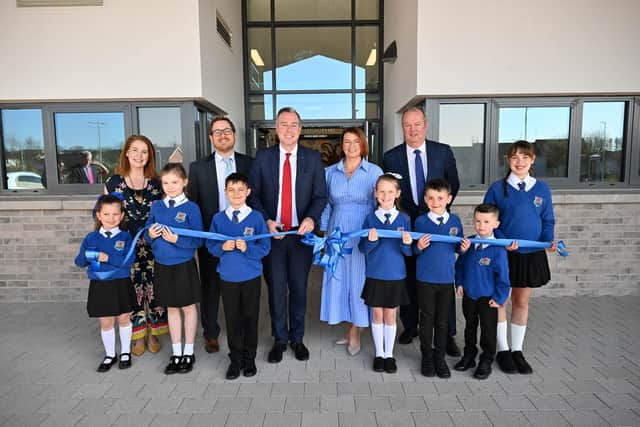 Education Minister Paul Givan pictured with Principal Heather Watson, Chair of the Board of Governors Elizabeth Simpson, Sean Pettis Chief Executive NICIE, Paul Caskey Chief Executive IEF and pupils at the official opening of a new state of the art school at Phoenix Integrated Primary School, Cookstown. Photo: supplied