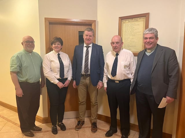 The special guest for the evening Mr. Mark Robinson, Mr. Walter Mullan, Rev. Derek Kerr, Rev, Bill Atkins along with Company Captain, Mrs. Helen Farley.