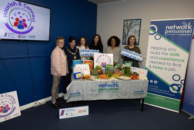 Councillor Christine McFlynn, Deputy Chair Councillor Denise Johnston, PEACEPLUS MUDC staff Chloe Hadden and Joana Neves alongside Network Personnel who are delivering the Nourish and Connect programme across Mid Ulster Alex Mckee and Rosemary Hunter. Credit: Supplied
