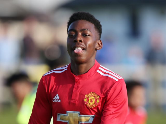 Manchester United  Anthony Elanga celebrates his goal against Colina  during Monday's SuperCup NI  Junior Section match at Seahaven, Portstewart .