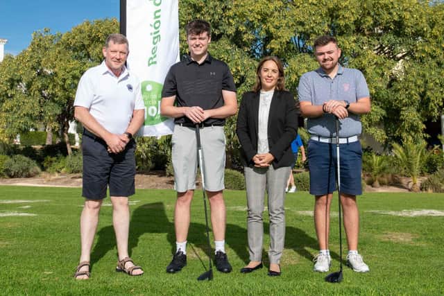 Joining Kevin Stevens (left) from Golf Ireland and Esther Garcia from the Tourism Institute of the Region of Murcia at the Grand Final of the inaugural Region of Murcia Masters in association with Next-Gen Power, were Castlerock Golf Club representatives (l-r) finalist Brad Stewart (right) and guest Jack Henderson