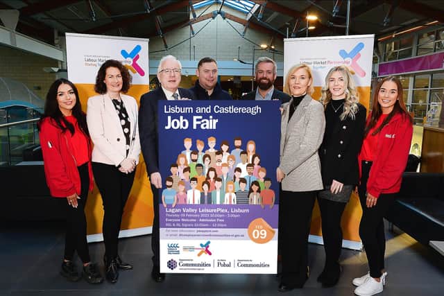Lisburn & Castlereagh Development Committee’s Chairman, Alderman Allan Ewart MBE pictured with representatives from a range of employers exhibiting at the job fair. (L-R) Kirsty Brown and Hannah McCann from Coca Cola, Graham White from South Eastern Trust, Janice Cooke from South Eastern Regional College and Gareth Johnston from Decora Blinds