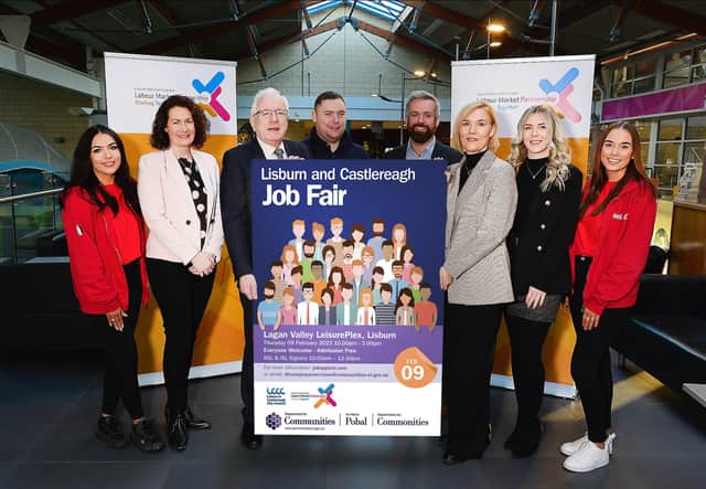Lisburn & Castlereagh Development Committee’s Chairman, Alderman Allan Ewart MBE pictured with representatives from a range of employers exhibiting at the job fair. (L-R) Kirsty Brown and Hannah McCann from Coca Cola, Graham White from South Eastern Trust, Janice Cooke from South Eastern Regional College and Gareth Johnston from Decora Blinds