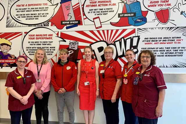 Children’s Asthma and Allergy Nurse Michelle Daly, Specialty Doctor, Paediatrics Dr Siobhan Doyle, Jessica Perry, NICHS Schools Health Promotion Manager ,Consultant Paediatrician Dr Katy McConnell. Ward Sister Barbara Ferris, Ward Manager Hannah Espiner, Children’s Asthma and Allergy Nurse Anne Fitzpatrick in from of the new mural. Pic credit: SEHSCT