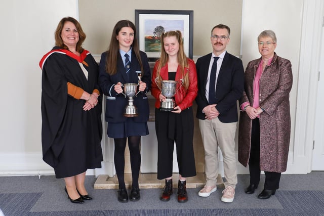 Pictured are Dr Stephen McAdoo, Miss Gwyneth Evans, Mrs Lynne Dripps at the presentation of the R. J. Allen Cup for Best Overall Performance at ‘A’ Level to Kate Brown and The Coolnafranky Cup for Best Overall Performance in Lower Sixth to Nicole Badger.