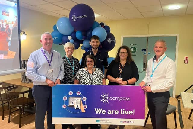 The Northern Trust’s Director of Infrastructure Paddy Graffin and Director of HR Jacqui Reid were joined by staff at Causeway Hospital to celebrate the Trust going live with encompass on 7 November. CREDIT NHSCT