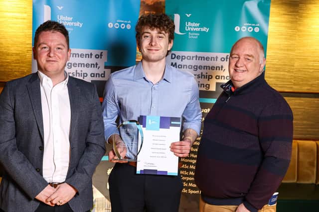 Local Ulster University prize winner Michael J Kearney (middle) from Magherafelt pictured with Ryan McCann from award sponsor Red Star Brands and Course Director Paul Dickson | Supplied